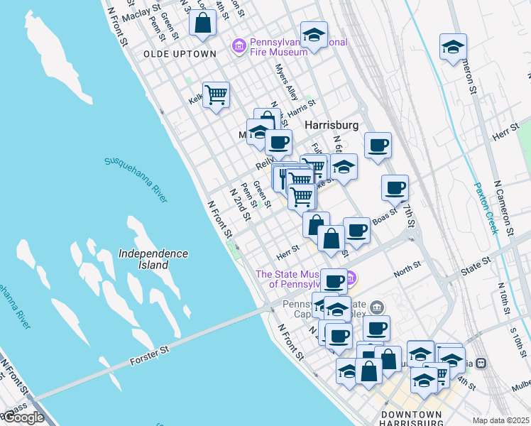 map of restaurants, bars, coffee shops, grocery stores, and more near 226 Verbeke Street in Harrisburg