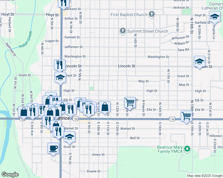 map of restaurants, bars, coffee shops, grocery stores, and more near 1110 High Street in Beatrice