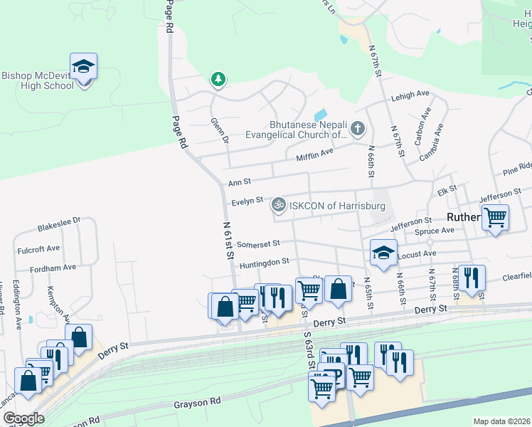 map of restaurants, bars, coffee shops, grocery stores, and more near 53200 N 62nd St in Harrisburg