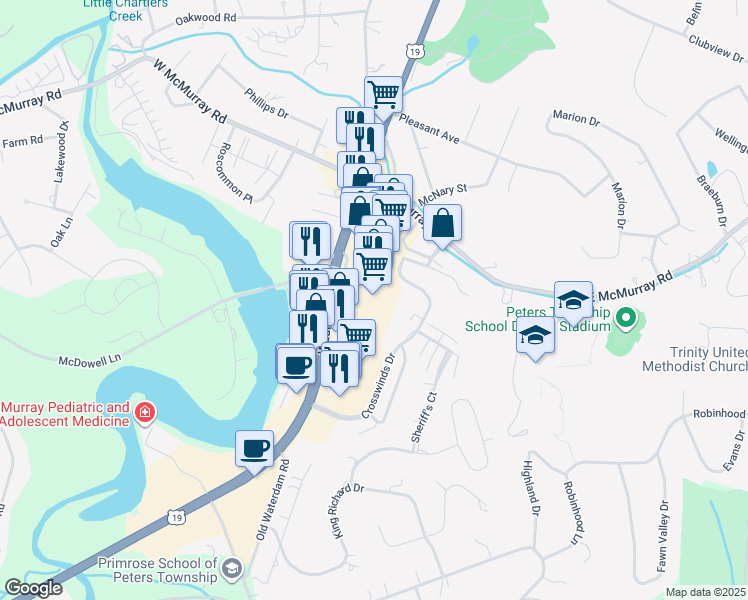 map of restaurants, bars, coffee shops, grocery stores, and more near 4007 Washington Road in Canonsburg