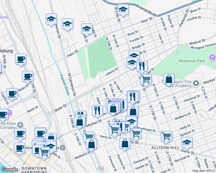 map of restaurants, bars, coffee shops, grocery stores, and more near 242 North 14th Street in Harrisburg