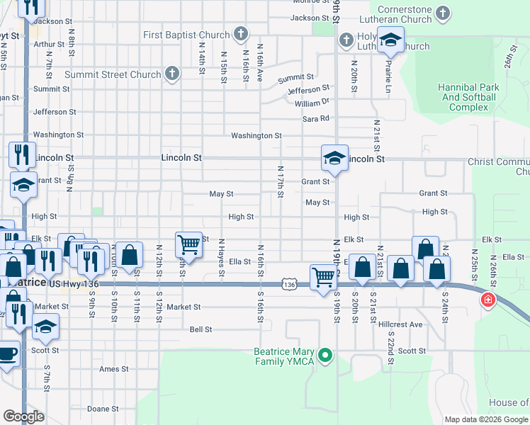 map of restaurants, bars, coffee shops, grocery stores, and more near 1600 High Street in Beatrice