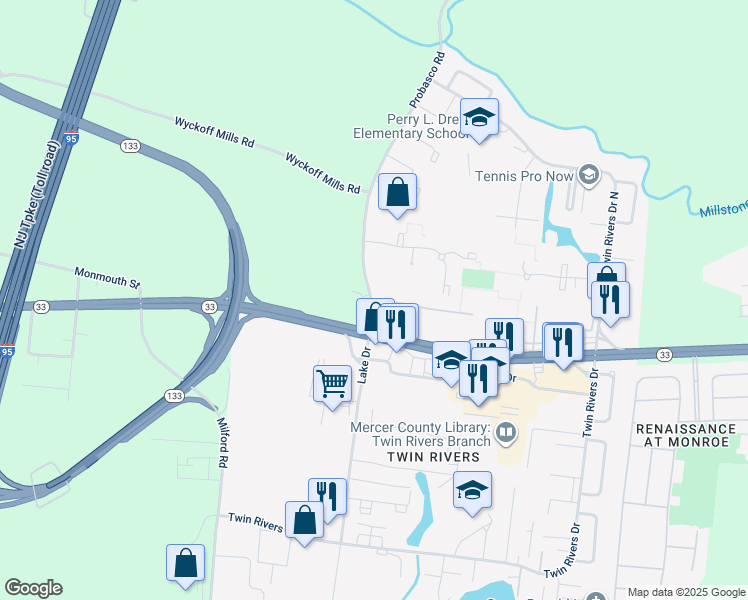 map of restaurants, bars, coffee shops, grocery stores, and more near 10 Avon Drive in East Windsor