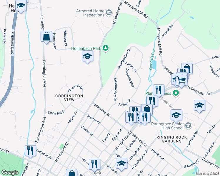 map of restaurants, bars, coffee shops, grocery stores, and more near 1293 Whitespire Circle in Pottstown