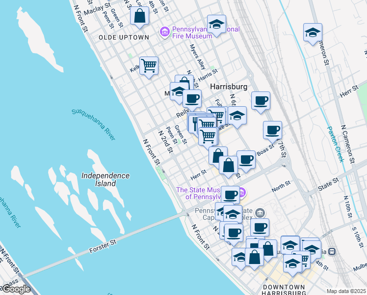 map of restaurants, bars, coffee shops, grocery stores, and more near 228 Verbeke Street in Harrisburg