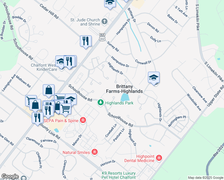 map of restaurants, bars, coffee shops, grocery stores, and more near 137 Tartan Terrace in Chalfont