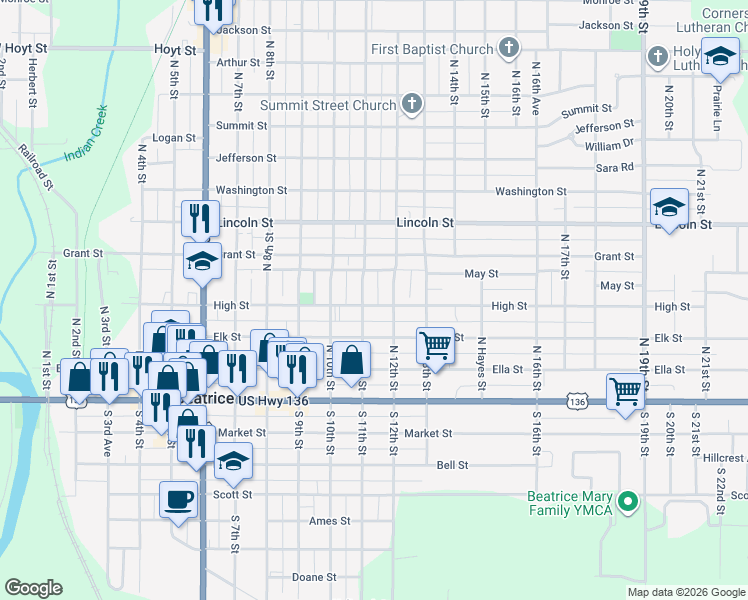 map of restaurants, bars, coffee shops, grocery stores, and more near 1110 High Street in Beatrice