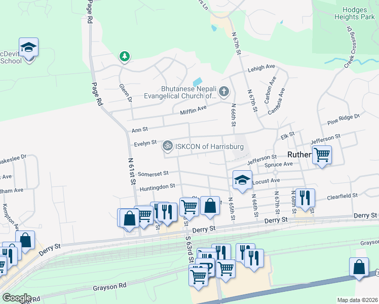 map of restaurants, bars, coffee shops, grocery stores, and more near 6290 Bedford Street in Harrisburg