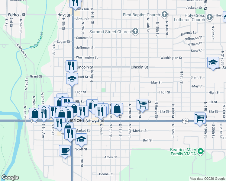 map of restaurants, bars, coffee shops, grocery stores, and more near 402 North 10th Street in Beatrice