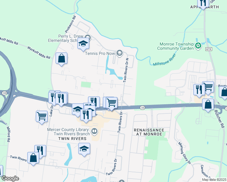 map of restaurants, bars, coffee shops, grocery stores, and more near 822 Jamestown Road in East Windsor
