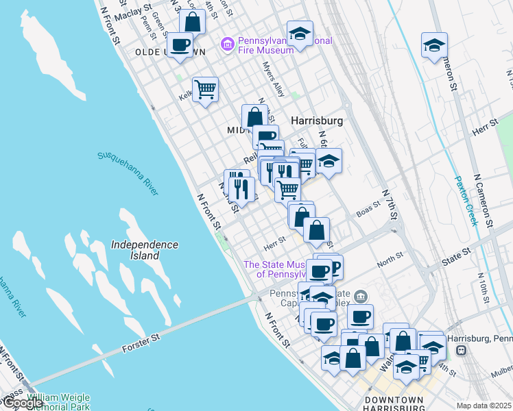 map of restaurants, bars, coffee shops, grocery stores, and more near 232 Verbeke Street in Harrisburg