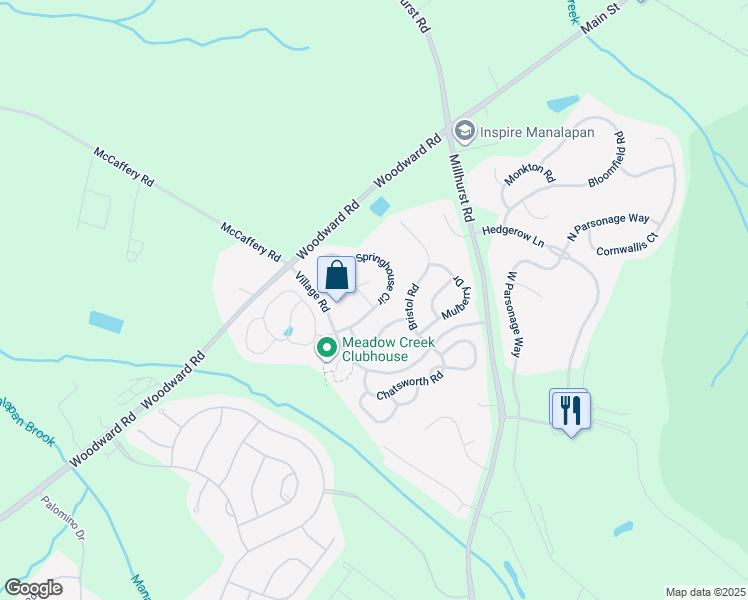 map of restaurants, bars, coffee shops, grocery stores, and more near 23 Springhouse Circle in Manalapan Township