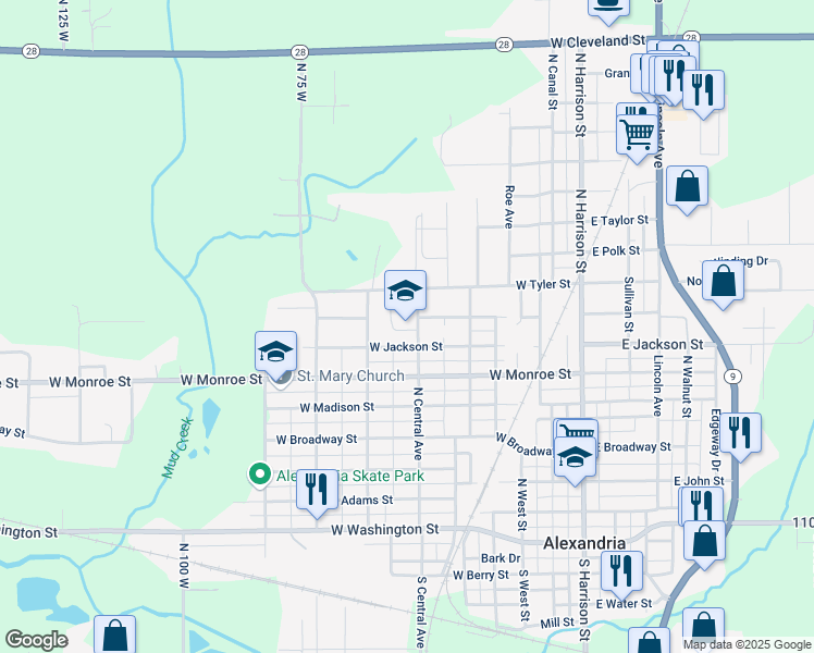 map of restaurants, bars, coffee shops, grocery stores, and more near 800 North Central Avenue in Alexandria