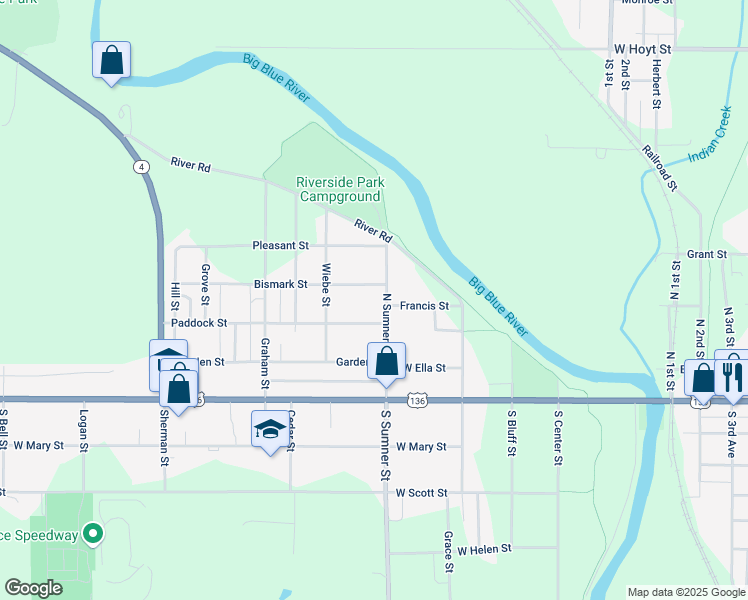 map of restaurants, bars, coffee shops, grocery stores, and more near 311 North Sumner Street in Beatrice
