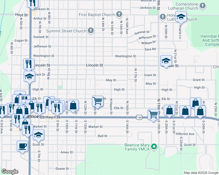 map of restaurants, bars, coffee shops, grocery stores, and more near 1422 High Street in Beatrice