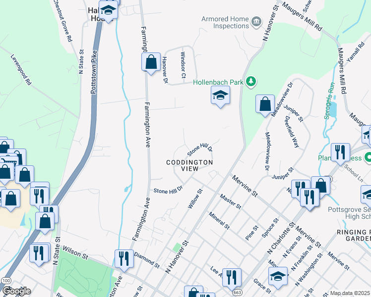 map of restaurants, bars, coffee shops, grocery stores, and more near 1109 Sageview Drive in Pottstown
