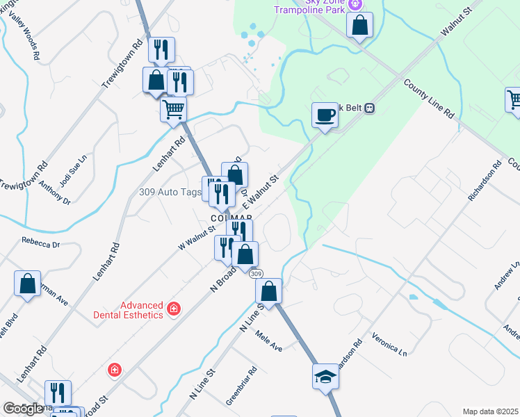 map of restaurants, bars, coffee shops, grocery stores, and more near 2883 East Walnut Street in Colmar
