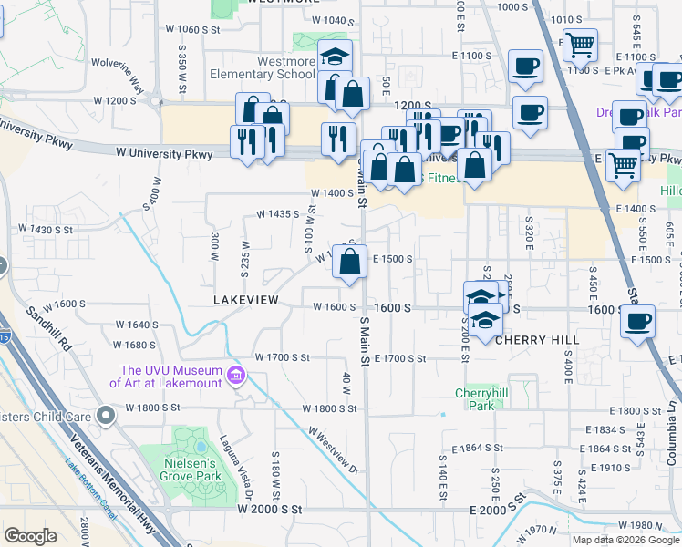 map of restaurants, bars, coffee shops, grocery stores, and more near 44 West 1560 South Street in Orem
