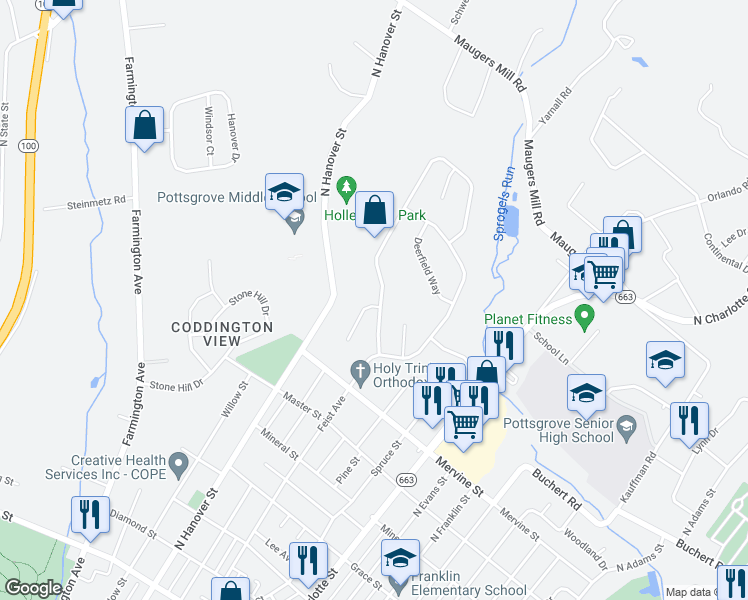 map of restaurants, bars, coffee shops, grocery stores, and more near 1297 Whitespire Circle in Pottstown