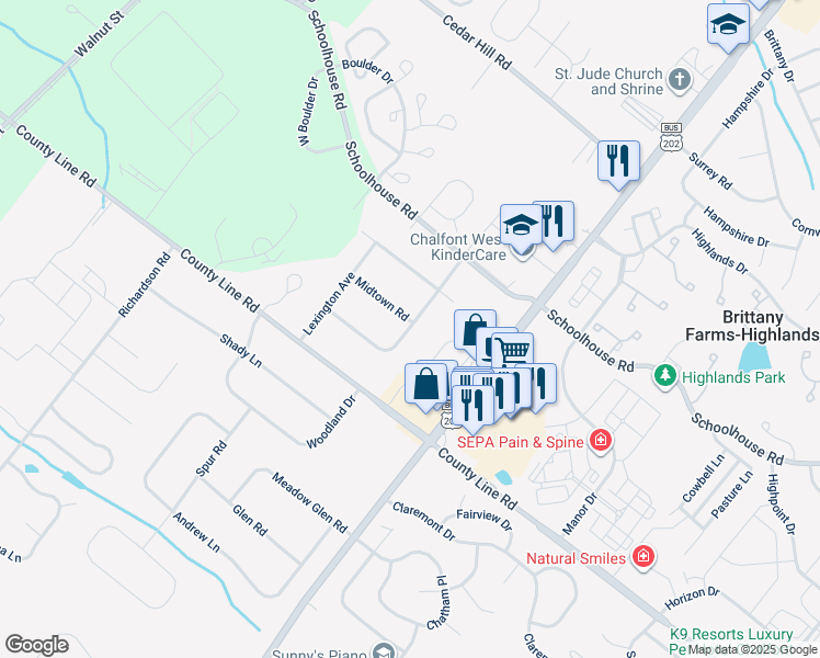 map of restaurants, bars, coffee shops, grocery stores, and more near 520 Airy Avenue in Chalfont