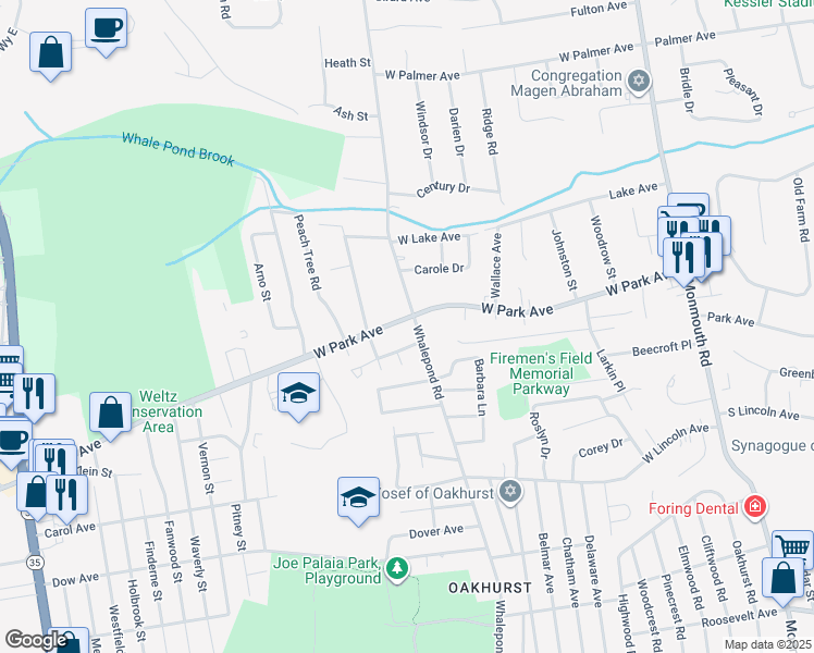 map of restaurants, bars, coffee shops, grocery stores, and more near 64 Whalepond Road in Ocean Township