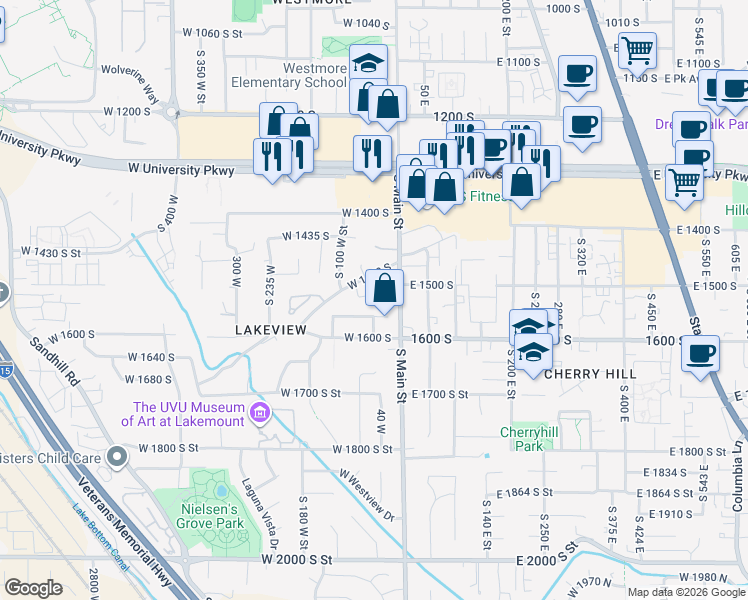 map of restaurants, bars, coffee shops, grocery stores, and more near 44 West 1560 South Street in Orem