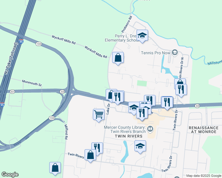 map of restaurants, bars, coffee shops, grocery stores, and more near 19 Probasco Road in East Windsor