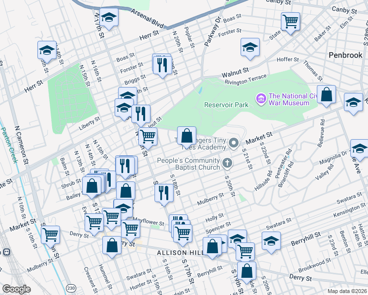 map of restaurants, bars, coffee shops, grocery stores, and more near 25 North 19th Street in Harrisburg