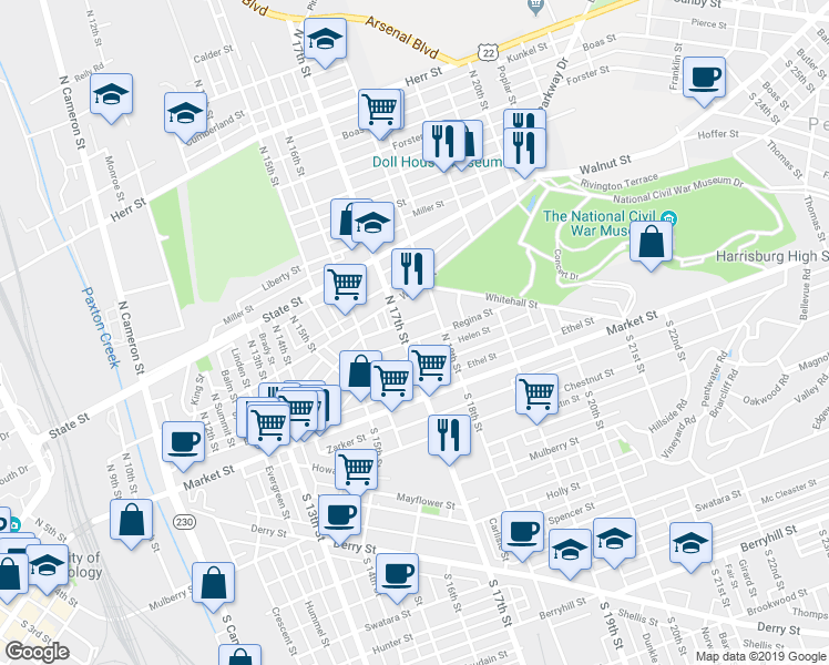 map of restaurants, bars, coffee shops, grocery stores, and more near 1727 Regina Street in Harrisburg