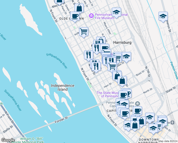 map of restaurants, bars, coffee shops, grocery stores, and more near 109 Calder Street in Harrisburg