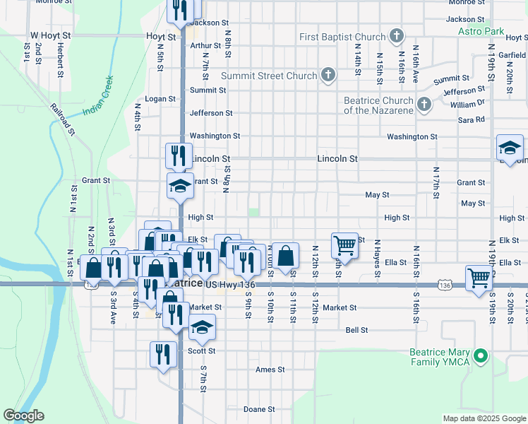 map of restaurants, bars, coffee shops, grocery stores, and more near 402 North 10th Street in Beatrice