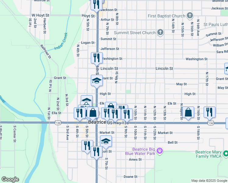 map of restaurants, bars, coffee shops, grocery stores, and more near 800 High Street in Beatrice