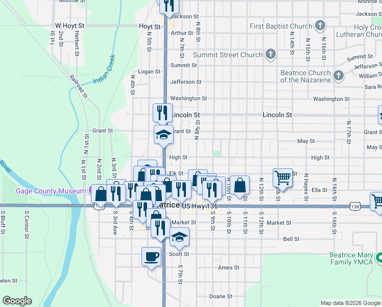 map of restaurants, bars, coffee shops, grocery stores, and more near 800 High Street in Beatrice