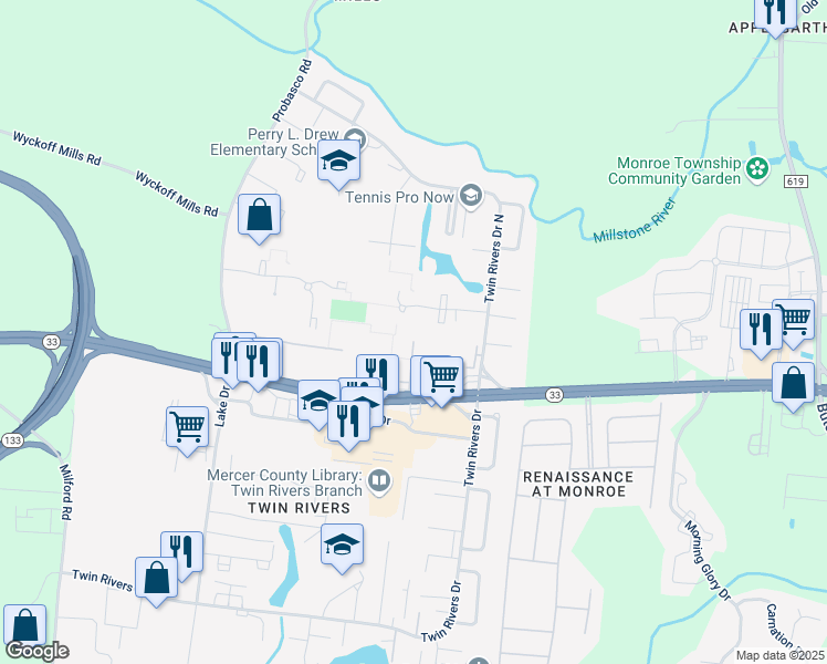 map of restaurants, bars, coffee shops, grocery stores, and more near 853 Jamestown Road in East Windsor