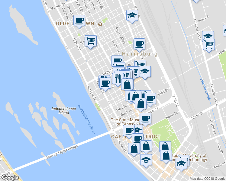map of restaurants, bars, coffee shops, grocery stores, and more near 234 Verbeke Street in Harrisburg