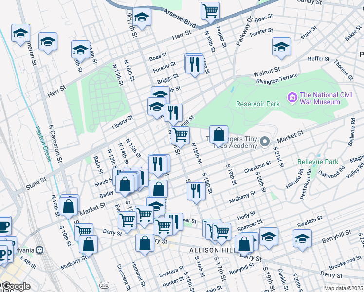 map of restaurants, bars, coffee shops, grocery stores, and more near 1712 Regina Street in Harrisburg