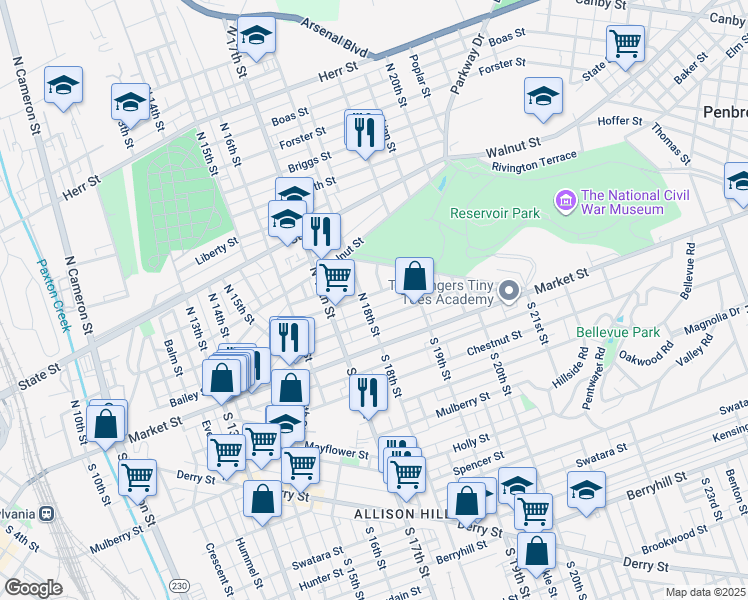 map of restaurants, bars, coffee shops, grocery stores, and more near 1809 Regina Street in Harrisburg