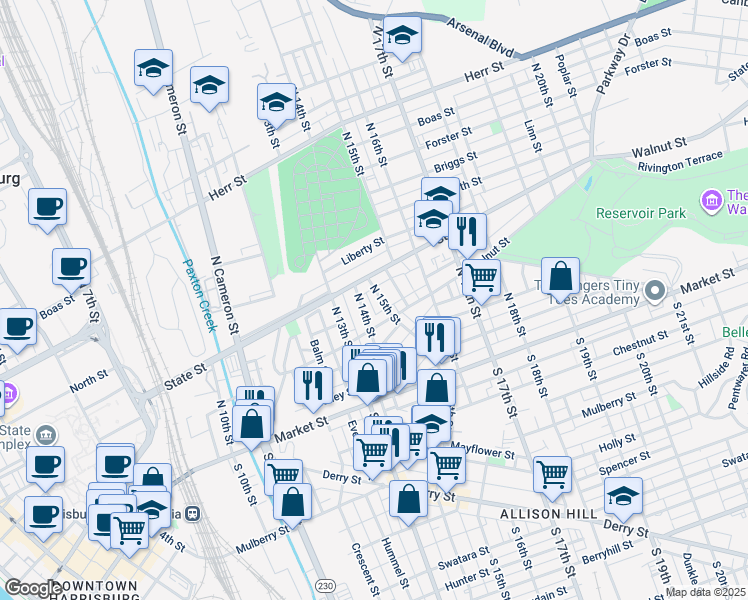 map of restaurants, bars, coffee shops, grocery stores, and more near 226 North 15th Street in Harrisburg