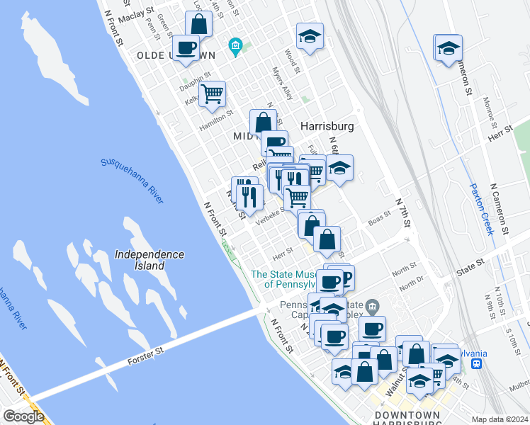 map of restaurants, bars, coffee shops, grocery stores, and more near 234 Verbeke Street in Harrisburg