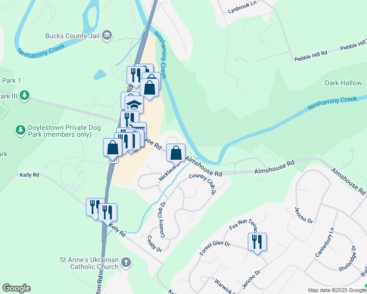 map of restaurants, bars, coffee shops, grocery stores, and more near 602 Eagle Lane in Doylestown