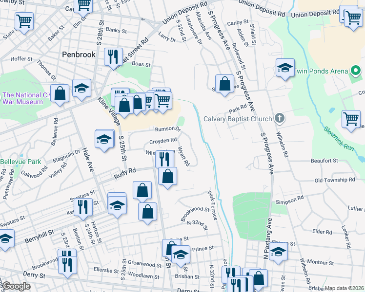 map of restaurants, bars, coffee shops, grocery stores, and more near 315 Wyatt Road in Harrisburg