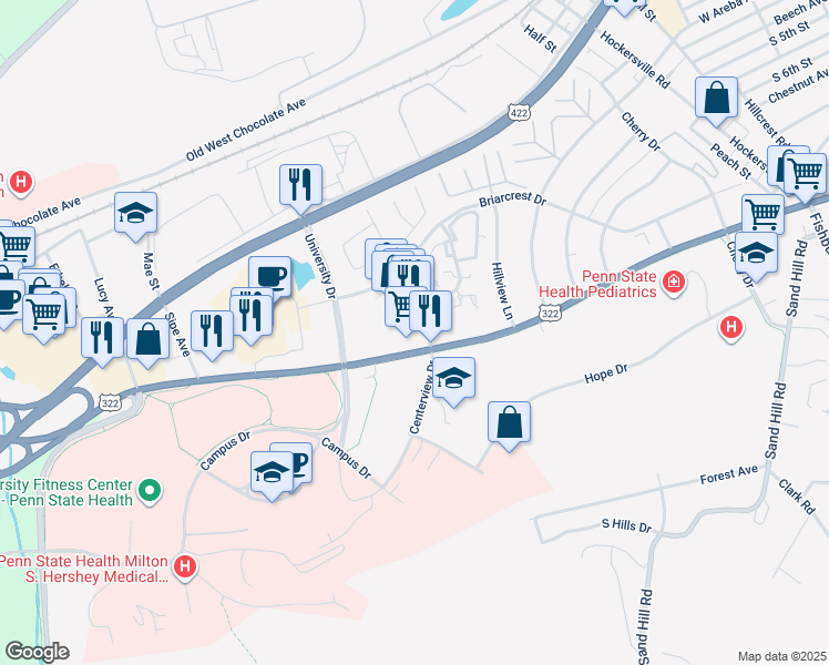 map of restaurants, bars, coffee shops, grocery stores, and more near 16 Briarcrest Square in Hershey
