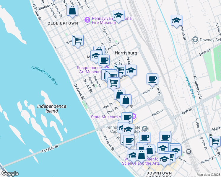 map of restaurants, bars, coffee shops, grocery stores, and more near 1231 North 3rd Street in Harrisburg