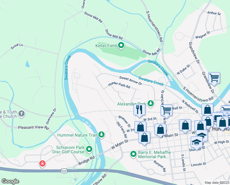map of restaurants, bars, coffee shops, grocery stores, and more near 201 Fox Grove Place in Hummelstown