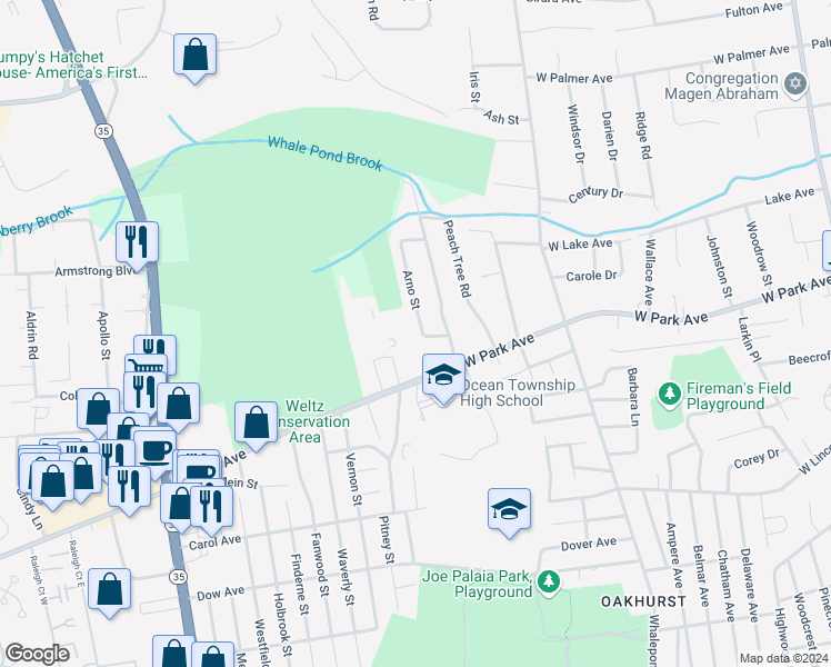 map of restaurants, bars, coffee shops, grocery stores, and more near 12 Arno Street in Monmouth County