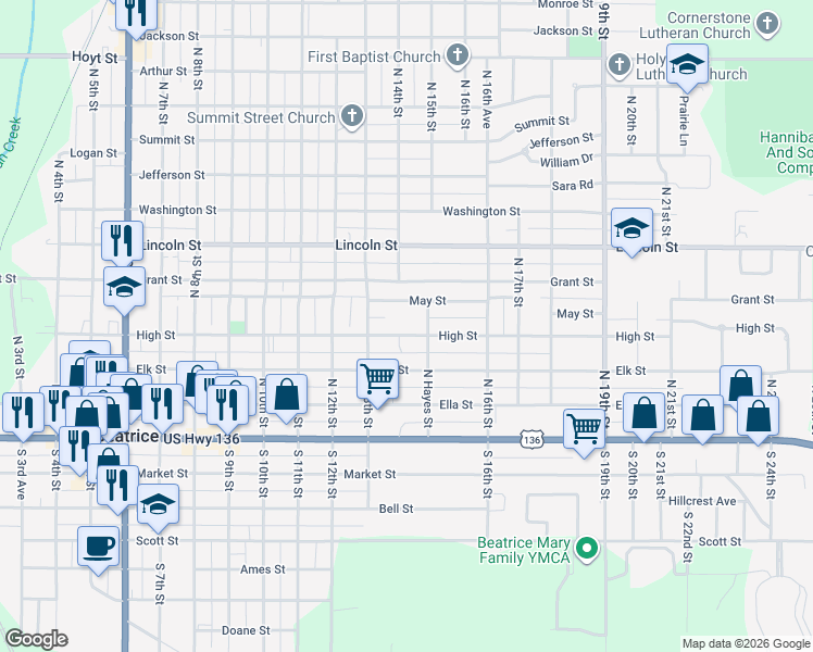 map of restaurants, bars, coffee shops, grocery stores, and more near 1422 High Street in Beatrice