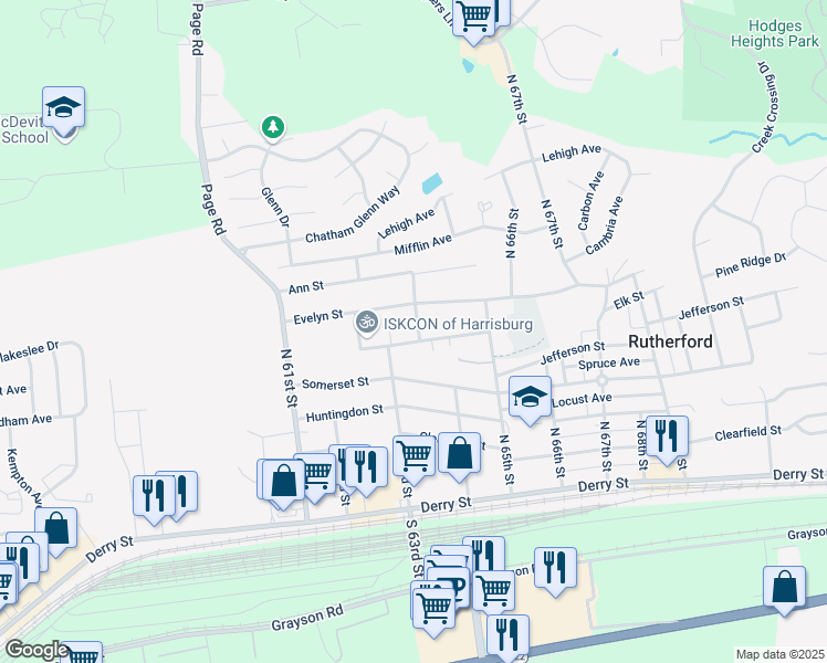 map of restaurants, bars, coffee shops, grocery stores, and more near 6290 Bedford Street in Harrisburg