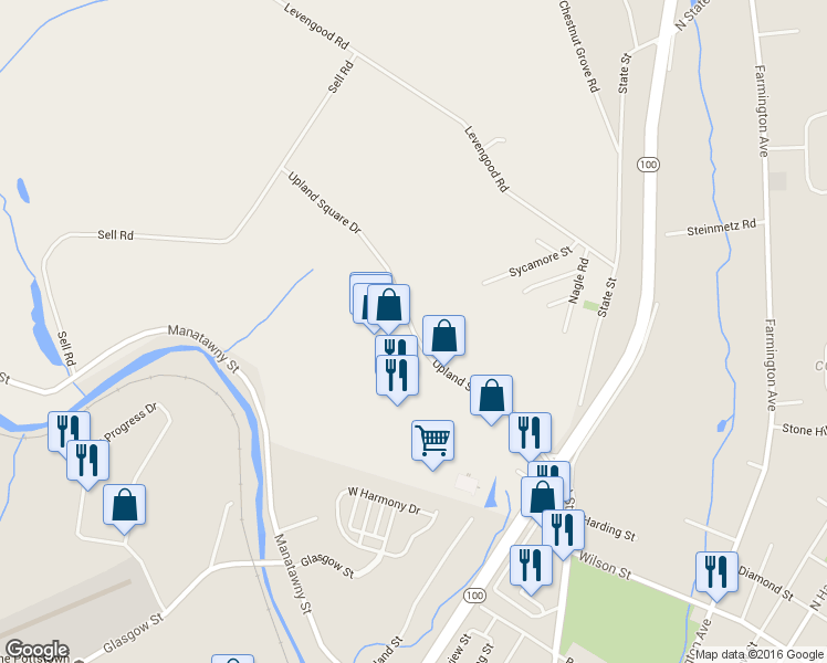 map of restaurants, bars, coffee shops, grocery stores, and more near Upland Square Drive in Pottstown