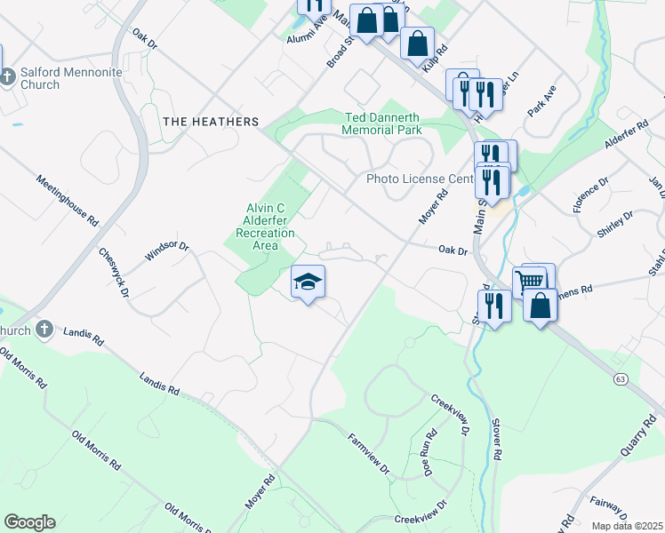 map of restaurants, bars, coffee shops, grocery stores, and more near 356 Pondview Drive in Harleysville