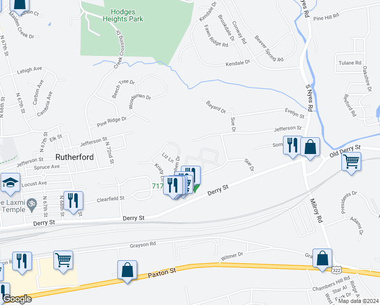 map of restaurants, bars, coffee shops, grocery stores, and more near 65 North 72nd Street in Harrisburg